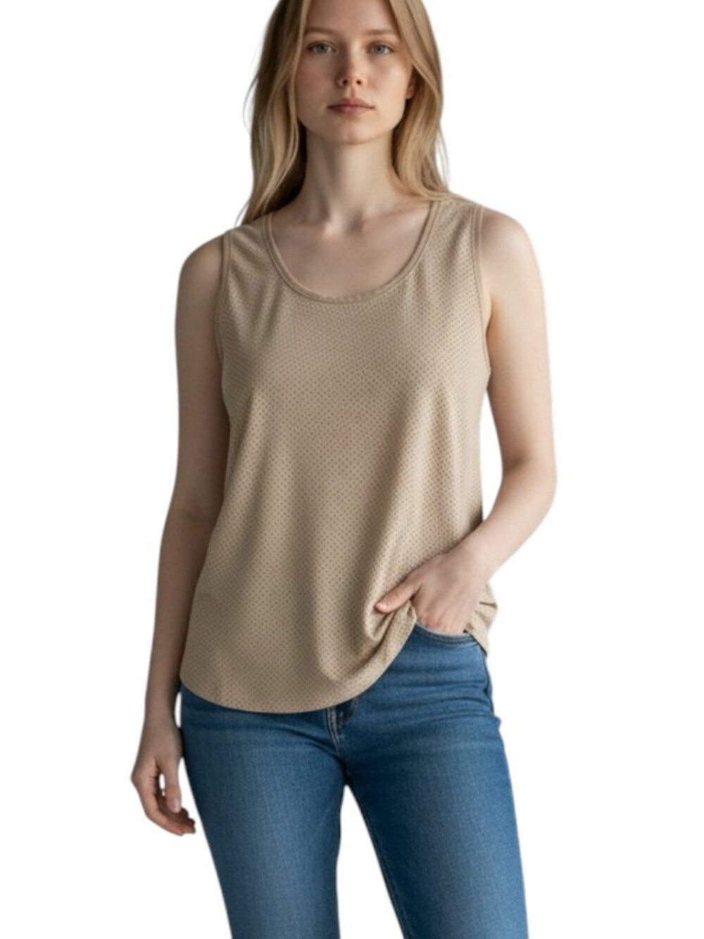 Calvin Klein Women Perforated Faux Suede Linen Tank Shell Top Beige Tan Sz Small